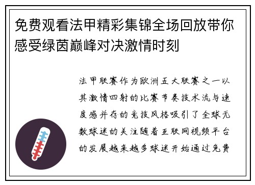 免费观看法甲精彩集锦全场回放带你感受绿茵巅峰对决激情时刻