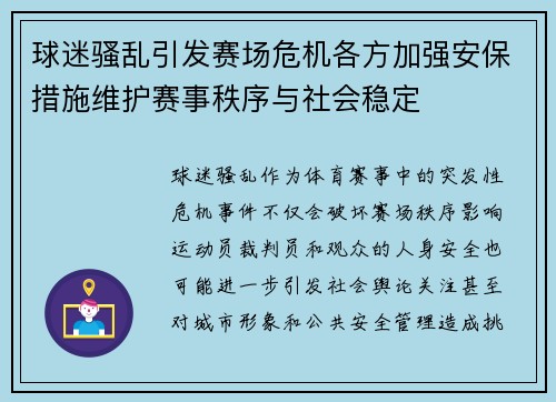 球迷骚乱引发赛场危机各方加强安保措施维护赛事秩序与社会稳定